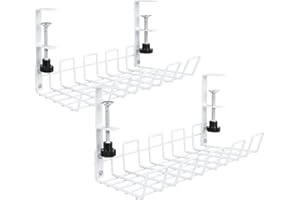 VIDETOL 2 Pack Under Desk Cable Management Tray, No Drill Cable Tray for Storing Extension Cords and Hiding Wires, Metal White Cable Rack with Clamp for Home, Office, Internet Cafe, Kitchen