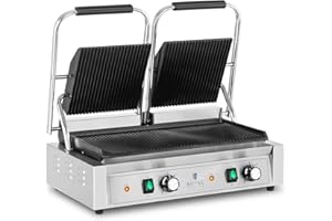 Royal Catering Piastra per Panini Toast e Bistecchiera Elettrica Doppia (Acciaio Inossidabile, Ghisa, 50-300 °C, 3600 W, Rigata)