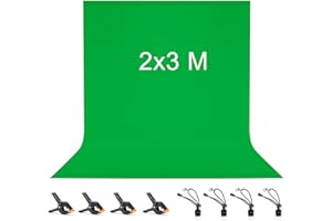 2 x 3M Toile de Fond Vert, Vevelux Green Screen avec 8 Clips Anti-Plis, 100% Polyester Fond Vert Pliable Lavable Durable pour Photographie, Vidéo, Camera, Photo, Prise de Vue Vidéo