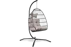 ‎VITA5 VITA5 Fotel wiszący ze stelażem, wygodny fotel wiszący, rattanowy, do użytku na zewnątrz i wewnątrz, huśtawka w stylu boho, na taras i kącik do czytania, nośność 150 kg (szary)