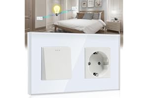 BSEED Interruptor de pared con Enchufe,1 Gang 2 Vías Interruptor conmutador+16A Schuko Enchufe,16A Blanco Interruptor de luz botón pulsador con cristal marco de cristal,Enchufes de pared para Cocina
