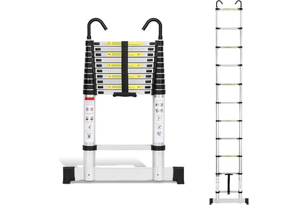 Joparri aluminium teleskopstege 3,2 m, utdragbar stege med stabilisator och avtagbara krokar, halkfri aluminiumstege ståstege multifunktionsstege, 150 kg lastkapacitet