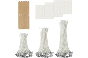 AMFUN 180 Pezzi Stoppini per Candele, Stoppini di Naturali Candela con 5 pezzi Porta Stoppino in Legno e 100 pezzi Adesivi, Set di Stoppini per Candele per Fabbricazione di Candele Candela Fai da Te