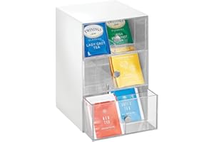 mDesign Küchen Organizer mit 3 Schubladen – Aufbewahrungsbox für Teebeutel, Kaffeepads, Süßungsmittel und mehr – Teekiste mit 18 Fächern aus Kunststoff – weiß und durchsichtig