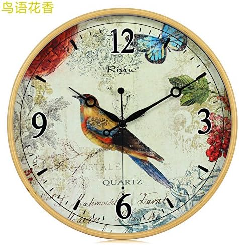 AYYA Living Room Wall Clock 12 Inch Narrow Side Creative Pastoral World Map Living Room Wall Clock Fashion Wood Home Decor Clock Bird Flowers