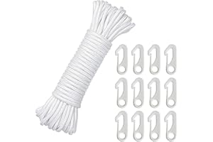 MEGCDTR 20M Flag Pole Rope with 12 PCS Flag Pole Clips, Flag Pole Halyard Rope Kit, Tree Swing Rope, 6MM Nylon Cord for Flagpole Sailboat Garden Camping (White)