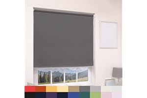 CAECUS Dark Grey Blackout Roller Blind Metal Fittings Trimmable UV Protection Thermal Properties Premium Fabric Home Office Bedroom Kids Room Child Safe Easy Fit Grey 210cm Width x 210cm Drop