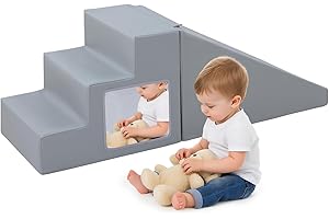 JUNGLEDOVE Baby Soft Play Set Indoor: 2PCS PU Leather Toddlers Soft Play Equipment with Baby-safe Mirror for Climbing and Crawling - Kids Foam Blocks Boys Grils Gym Activity Toys for Motor Development