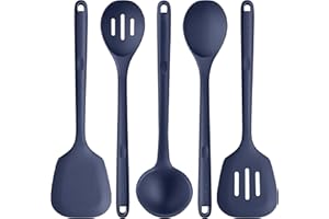 U-Taste Utensili da cucina in silicone extra lunghi: Accessori da cucina per uso alimentare resistenti al calore 315℃, Spatole, cucchiai da cucina e mestolo in silicone antiaderente (5 Pz, Blu notte)