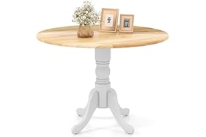 TANGZON Round Dining Table, 100cm Rubber Wood Kitchen Table with Pedestal Legs & Adjustable Foot Pads, 4 Seater Farmhouse Dinner Table Furniture for Home Dining Living Room Restaurant (Natural+White)