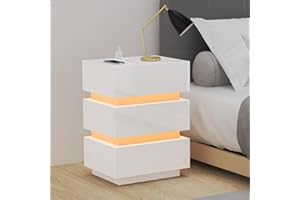 RCYNVIEW Comodini Camera da letto con Stazione di Ricarica e LED, Comodino Bianco lucido, Comodino in Legno, con 3 Cassetti e illuminazione in 16 Colori, Adatto per Camera da letto, Soggiorno, 45x35x62cm