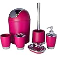 Bathlux Modern Design 6 Piece Bathroom Accessory Set, Toilet Brush, Waste Bin, Soap Dish, Tooth Brush Holder Soap Dispenser, Rinse Cup (Dark Pink)