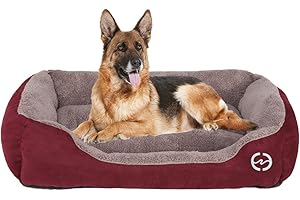 FRISTONE Dog Beds Large Washable Pet Basket Orthopedic Kennel Bed for Large Dogs Deluxe Fleece Cushion Blanket XXL Red 35.4x27.6in