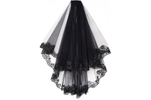 JUSTUSNX Velo de novia de encaje negro, velo de novia de 2 niveles con flores góticas, velo de fiesta de Halloween con peine, velo de cosplay, accesorios para mujeres y niñas
