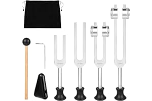 LustLocke Diapason Set 128 Hz, 256 Hz, 512, 1024Hz para Terapia de Frecuencia, 4 Diapasones para Stimmgabel Therapie, Yoga y Meditación (con Martillo)