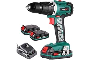 POSENPRO Trapano Avvitatore Batteria 20V, Brushless Avvitatore a Batteria con 2 Batterie da 2.0Ah, 50N.m di Coppia, 2 Velocità, 19+3 Coppia, Luce a LED, Trapano a Percussione da 1/2", Per il fai da te