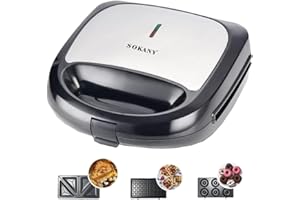 SOKANY Dispositivo multifunción 3 en 1, 750W (Sandwich Maker, Gofrera, Máquina de Donut) Placas Antiadherentes, Horneado de Doble Cara, Control Automático de la Temperatura