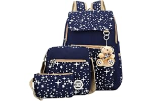 BANSUSU Star Print Girls Deep Blue Childrens Backpacks for School, School Bags for Teenage Girls Primary Secondary School, with Crossbody Bag, 3 Pieces