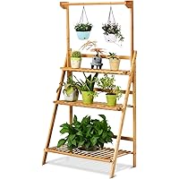 COSTWAY 3-Ebenen Pflanzenleiter, Pflanzenregal mit höhenverstellbarer und Abnehmbarer Hängestange, Blumenregal klappbar…