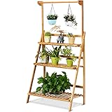 COSTWAY 3-Ebenen Pflanzenleiter, Pflanzenregal mit höhenverstellbarer und Abnehmbarer Hängestange, Blumenregal klappbar, Blum