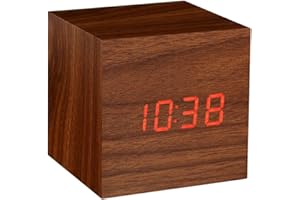 Onerbuy Wooden Digital Cube Alarm Clock Touch Sound Activated Desk Clock Portable Travel Clock with LCD Display for Time, Temperature, Calendar, 3 Alarm Settings (Brown)