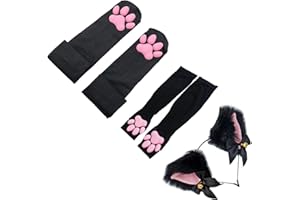 ZTVOWTO Bonitos calcetines de Cosplay hasta el muslo con almohadilla de pata de gato con mitones de garra de gatito 3D rosas, guantes largos sin dedos para niñas y mujeres