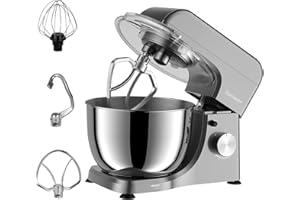 Parmedu Robot de cocina eléctrico, amasadora, máquina agitadora: 380 W, compacta con 8 velocidades y cabezal inclinable, cuenco mezclador de acero inoxidable 18/8 de 4,5 l con tapa, batidor, gancho