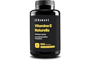 Vitamine E Naturelle 400 UI (D-Alpha-Tocophérol), 200 Capsules (plus de 6 mois de traitement), Avec de l'Huile d'Olive Vierge Extra | Antioxydant Puissant et Anti-âge | Zenement