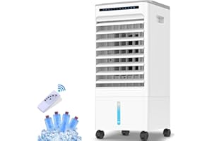 KASAKILY Enfriador de Aire Grande, 4 en 1 Aire Acondicionado Móvil, Climatizador Evaporativo Silencioso,Temporizadores 1-7H, 3 Modos 5L Tanque de Agua con Ruedas,Control Remoto,Iones Negativo