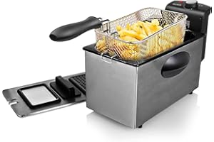 Becken - Freidora Eléctrica, Capacidad de 3L, 2000W, Termostato Regulable, Acero Inoxidable y Negro