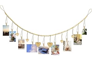 VIN BEAUTY Large Wall Hanging Photo Display Decor, Boho Collage Picture Frame with Wooden Beads Garland, DIY Photo Hanger Frame Set with Wooden Clips Heart Tags for Home, Dorm, Office Decor Supplies