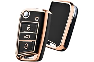OATSBASF Autoschlüssel Hülle VW, VW Golf 7 Schlüsselhülle, Schlüsselbox Cover für VW Polo, Skoda, Tiguan, MK7 3-Tasten (Goldener Rand-Schwarz)