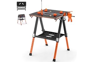 GiantexUK Folding Workbench, 8 Heights Adjustable Flip-Top Work Table with Quick Clamps, Bottom Shelf & Measurement, Heavy Duty Portable Sawhorse Tool Stand for Wood Working Engineering Repairing