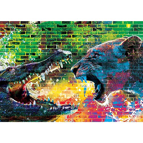 Vlies Fototapete PREMIUM PLUS Wand Foto Tapete Wand Bild Vliestapete - Steinwand Steine Graffiti Tiere Krokodil Löwe Zähne Gebiss Wasser - no. 1918, Größe: 254 x 184 cm Vlies