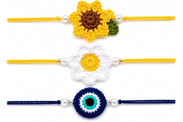 Handmade Crochet Floral Rakhi Set with Pearl Accent | Designer Raksha Bandhan Gift Combo (Pack of 3), sunflower,daisy and evi