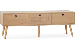 HOMN LIVING Mueble TV Bella 3 Puertas Color Roble con ratán Natural, 120 cm (Ancho) 39 cm (Profundo) 41 cm (Altura)
