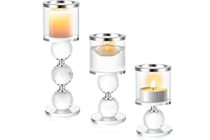 ERWEY Zestaw 3 kryształowych świeczników na świece pieńkowe i podgrzewacze, nowoczesne świeczniki na wesele, do salonu, jako dekoracja stołu, na imprezę (3 szt., srebrne)