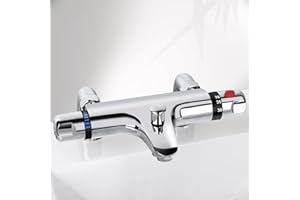 HERMODLY Thermostatic Bath Shower Mixer Tap Deck Mounted Bath Mixer Tap Bar with Bathtub Filler Spout, Thermostatic Shower Bar Taps Faucet Modern Chrome Solid Brass 38°C Safety Anti-Scald, 180mm