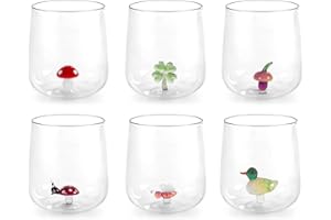 H&H, Set 6 Bicchieri in Vetro Borosilicato 46 cl con Miniature Interne Assortite – Fungo, Quadrifoglio, Coccinella, Ape, Anatra, Ghianda – Lavabili in Lavastoviglie
