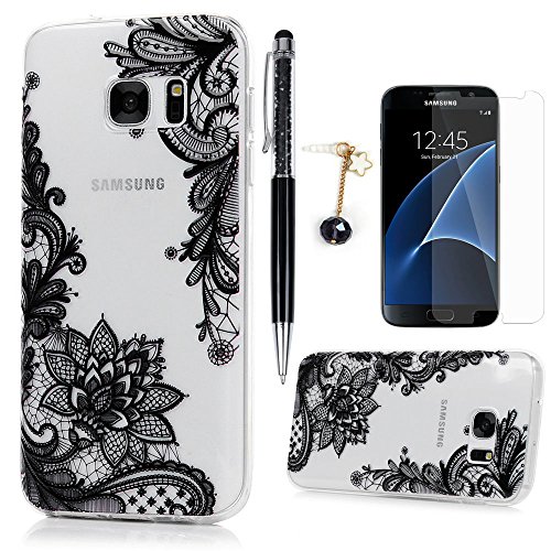 Lanveni Samsung Galaxy S7 Hülle, Handyhülle Galaxy S7 Case Etui Protective Case Cover TPU Silikon Schutzhülle Bumper Handytasche TPU-Bumper Weiche Silikon Case mit Lace Blumen Relief Cover Design + 1 x Stylus Stift + 1 x Staubdichte Stecker + 1 x Schutzfolie