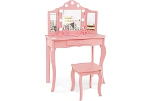 COSTWAY Dziecięca Toaletka 2 w 1 z Diodami LED, Składane Lustro i Szuflady, Księżniczki dla Dzieci i Dziewczynek (Różowa)