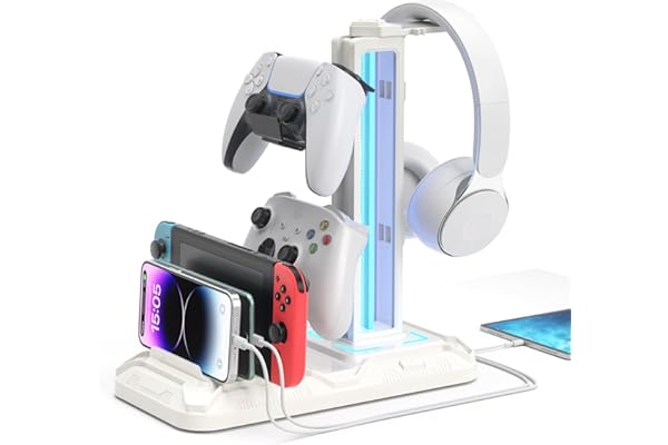 KDD Support Casque Bureau avec Support Téléphone - Support Manette Détachable avec 9 Modes d'éclairage, Repose Casque Gaming avec Ports de Charge USB, Porte Casque Rotatif pour PC Gaming, Blanc