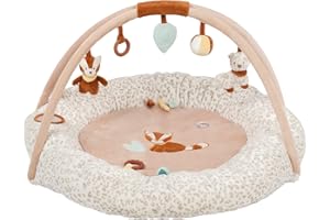 Nattou Tapis d'Éveil avec Arches de Jeu, 20 activités dont: Hochet, Couineur, Papier froissé et bien d'autres, env. 90 x cm de diamètre, Certifié par PETA et végétalien, Boris & Jungo, Orange