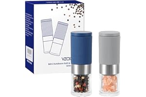 Vzaahu Mini Salt and Pepper Grinders 2 Set with Ceramic Core Cinnamon,Adjustable Coarseness,Color Grey and Blue,Portable,Refillable Spice Mills