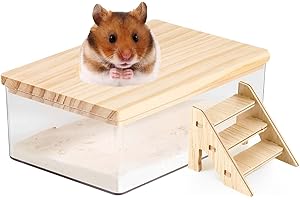 ZQuintuplian 1Pcs Hamster Sand Bath, Box Container Hamster Bath Sand Gerbil Sand Bath Hamster Dust Bath Hamster Bath Container With Ladder Chinchilla Dust Bath Hamster Accessories(Without sand)