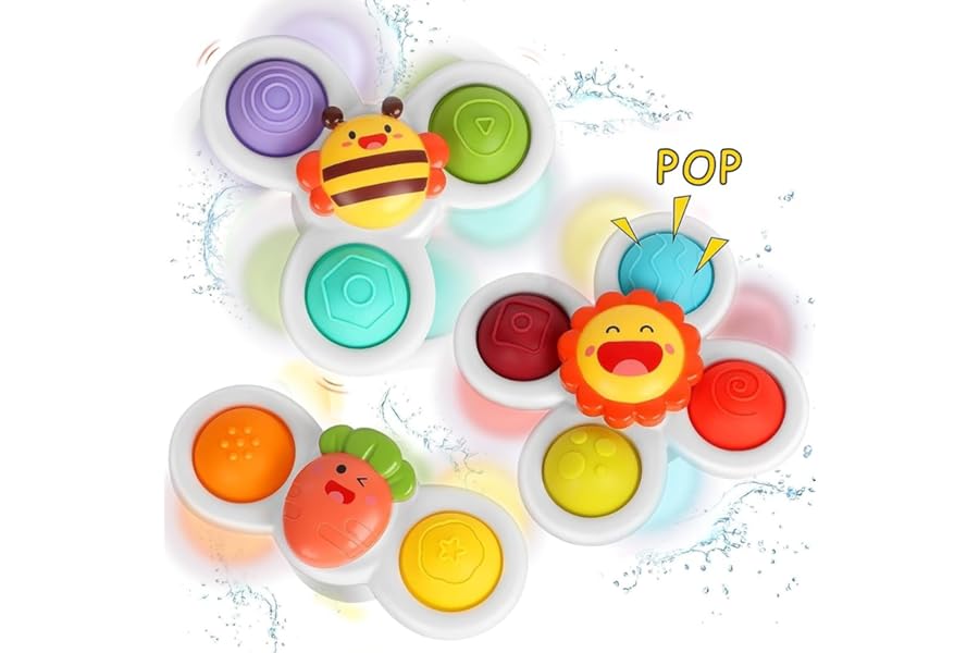 ERMON Pack of 3 Spinners for Babies, Baby Spinner Toys with Suction Cup, Silicone Simple Dimple, Colourful Suction Spinner Toys, Spinning Tops (Pop)