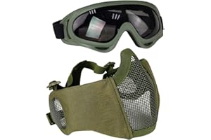 Aoutacc - Set di accessori protettivi per softair, maschera a metà viso in rete con protezione per le orecchie, e occhialini per CS / caccia / paintball / tiro