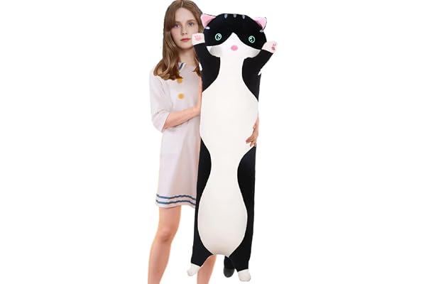 Aiuidun Peluche Chat Longue Coussin 90cm - Coussin Doux à Câliner en Forme de Chat, Oreiller Décoratif, Peluche Géante pour Dormir, Cadeau pour Enfants et Adulte(Noir)