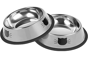 Serentive 2Pcs Cat Bowls Non-Slip Stainless Steel Small Cat Food Bowls Unbreakable Thicken Cat Feeder 7 Oz Cat Dishes Suitable for Indoor Small Pets Removable Rubber Base Easily Clean Lovely Color