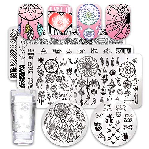 Born Pretty 6pcs Nail Art Stamping Image Placas Set Atrapasueños tema gato hojas Manicura Herramienta de impresión con 1pc Jelly estampador y rascador